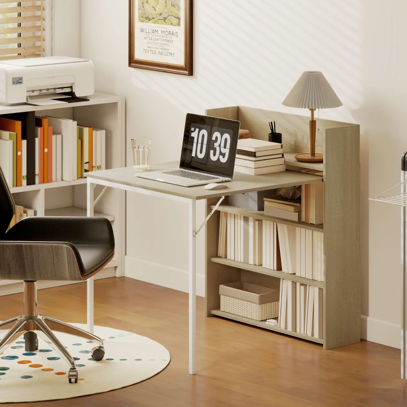 HOMCOM Kitchen Table, Folding Dining Table, with 4-Tier Shelves, Modern Drop-Leaf Table, Oak Wood Effect