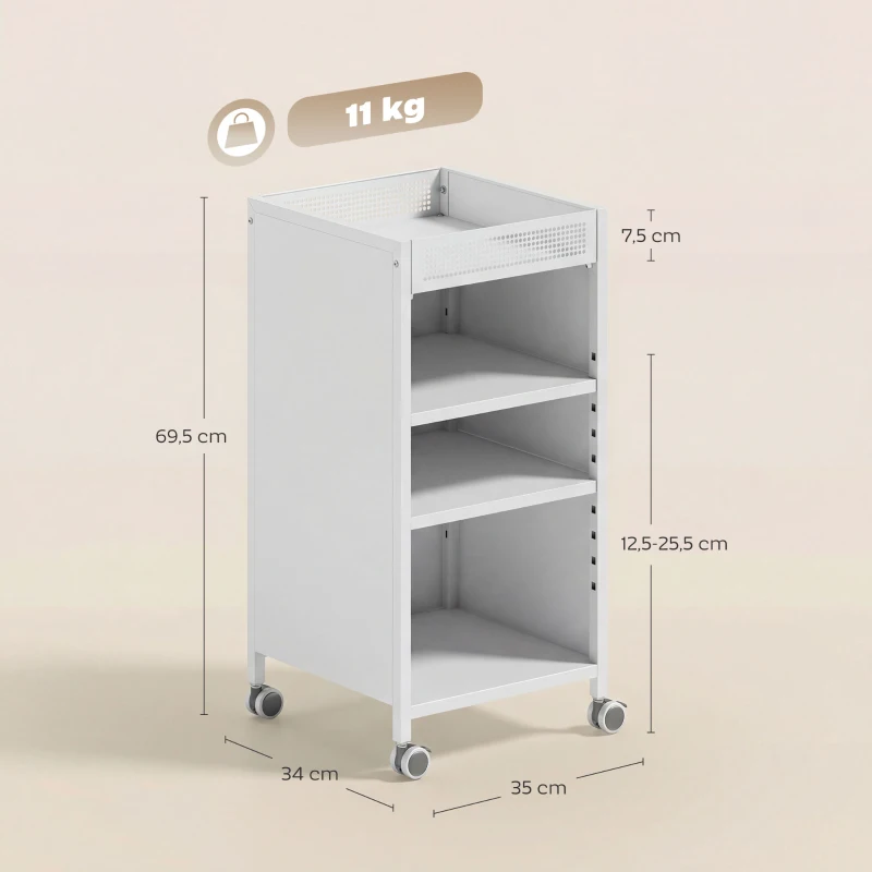 HOMCOM Boekenrek mobiel met verstelbare planken, 3-lagen rolwagen met bovenste mand, wit