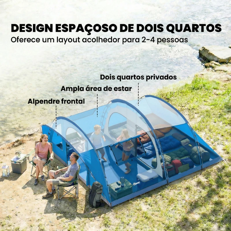 Outsunny Tenda de Campismo Familiar Tipo Túnel para 4 Pessoas com 2 Quartos Porta 4 Janelas Impermeável Montagem Fácil Azul
