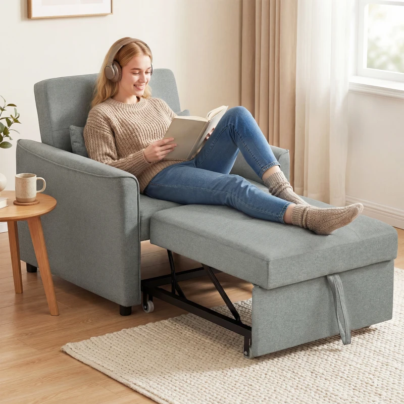 HOMCOM 3-w-1 Fotel z Funkcją Łóżka, Rozkładany Fotel Sofa z Regulowanym Oparciem, Szary