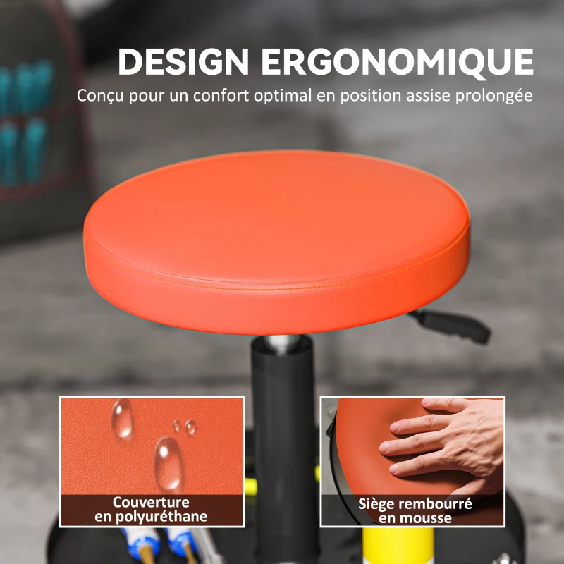 HOMCOM Workshop Stool with 5 360° Swivel Casters, Adjustable Height 38-50 cm, with Tray, 38 x 38 x 38-50 cm, Orange
