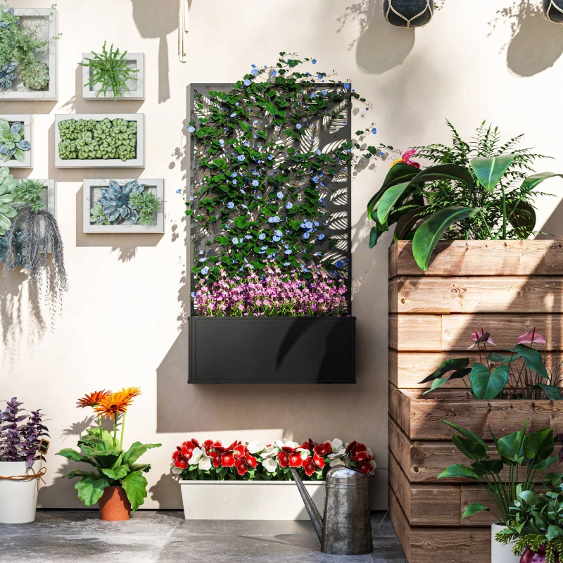 Outsunny Outdoor Metal Planter, with Back Trellis - Black
