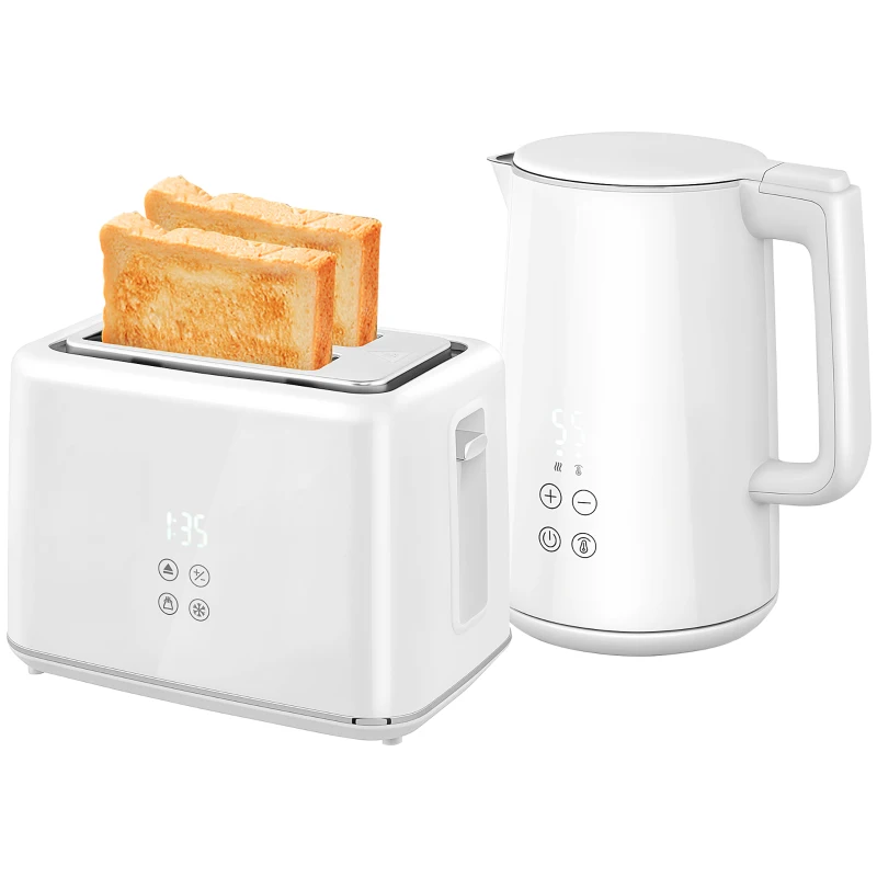 HOMCOM zestaw czajnik i toster ze stali nierdzewnej, czajnik 1,5 l 2200W z automatycznym wyłączaniem, funkcja podtrzymywania ciepła 40-100°C, toster na 2 kromki z 7 poziomami opiekania, funkcja rozmrażania, podgrzewania i wyświetlacz LED, biały