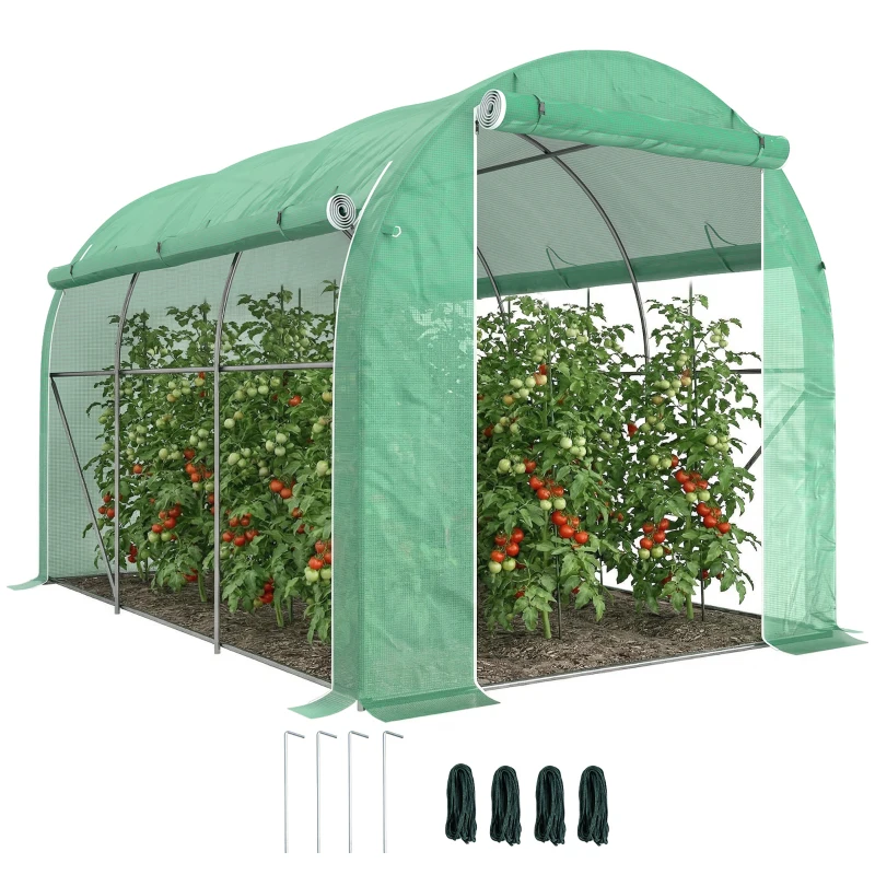 Outsunny Estufa Tipo Túnel 296x196x200 cm Estufa de Jardim com 3 Portas e 6 Janelas Enroláveis Teto Curvo para Cultivo Verde