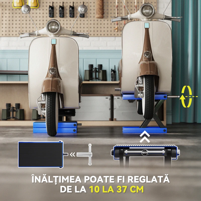 DURHAND Suport pentru Motociclete și Biciclete Antiderapant max 500 kg cu Înălțime Reglabilă, Suport din Metal și Cauciuc, pentru Garaj, 48x22.5x10-37 cm, Albastru și Negru