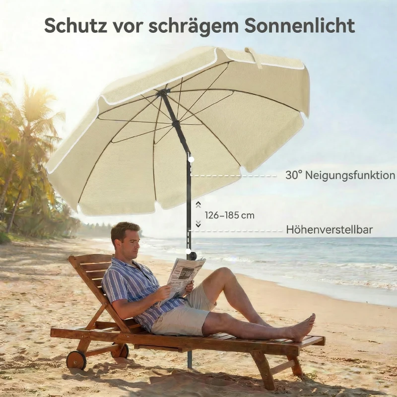 Outsunny Sonnenschirm Strand Ø150 cm wasserabweisend faltbar Strandschirm mit Sandanker verstellbarer Neigung Tragetasche Beige