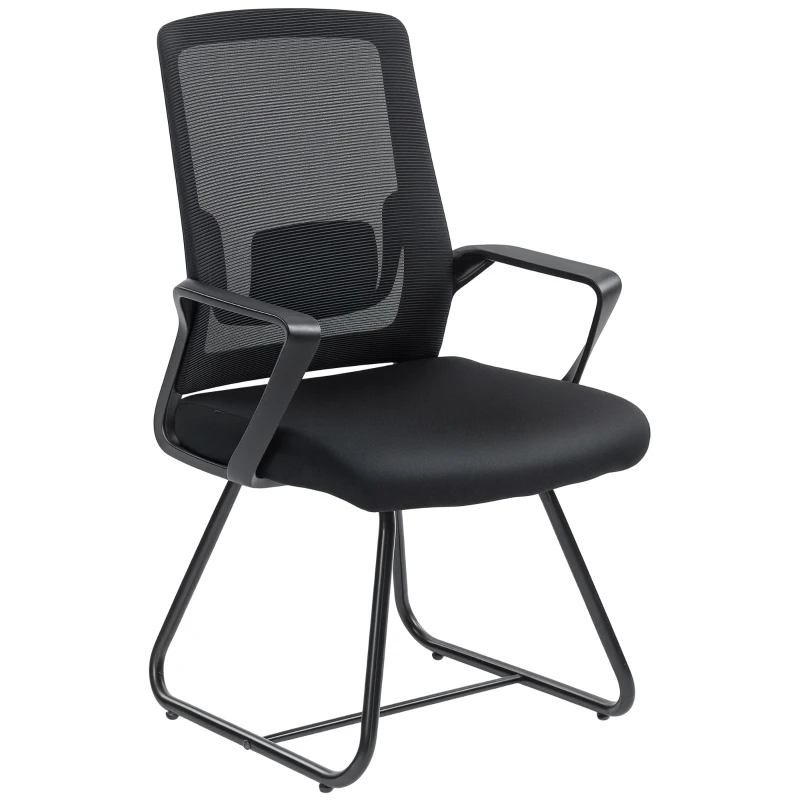 HOMCOM Desk Chair No Wheels, Office Chair with Mesh Back, Lumbar Support, Metal Base for Waiting Room, Conference Room, Black