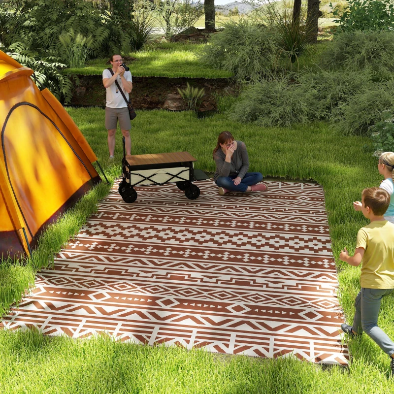 Outsunny Reversible Outdoor Mat 1.8 x 2.7 m, PP floor mat with geometric wall pattern, carry bag, red and white