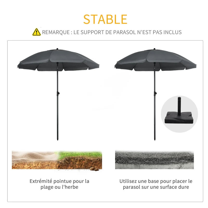 Outsunny Tiltable Beach Parasol UV 50 + Protection with 8 Fiberglass Ribs Ø 180 cm Dark Gray