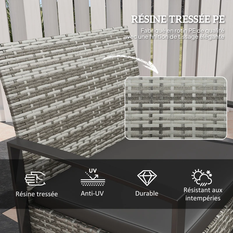 Outsunny 3-Piece Garden Set 2 Chairs with Cushions + Coffee Table Tempered Glass Top Braided Resin Light Gray