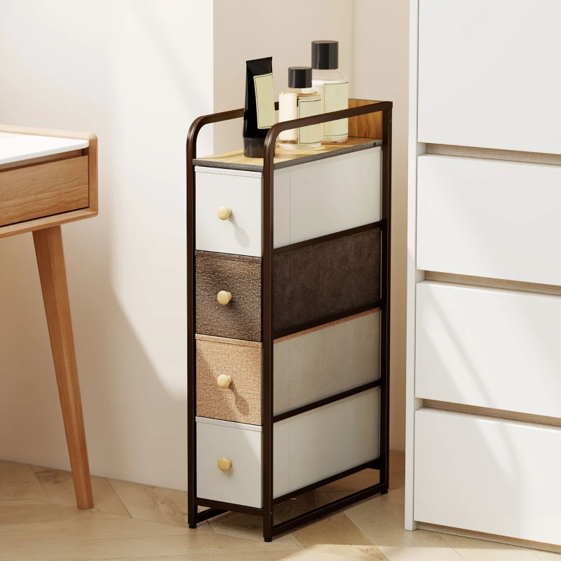 HOMCOM Dresser with 4 Foldable Fabric Drawers, Bedroom Dresser with Top and Steel Frame, 20 x 47 x 84.5 cm, Multicolor