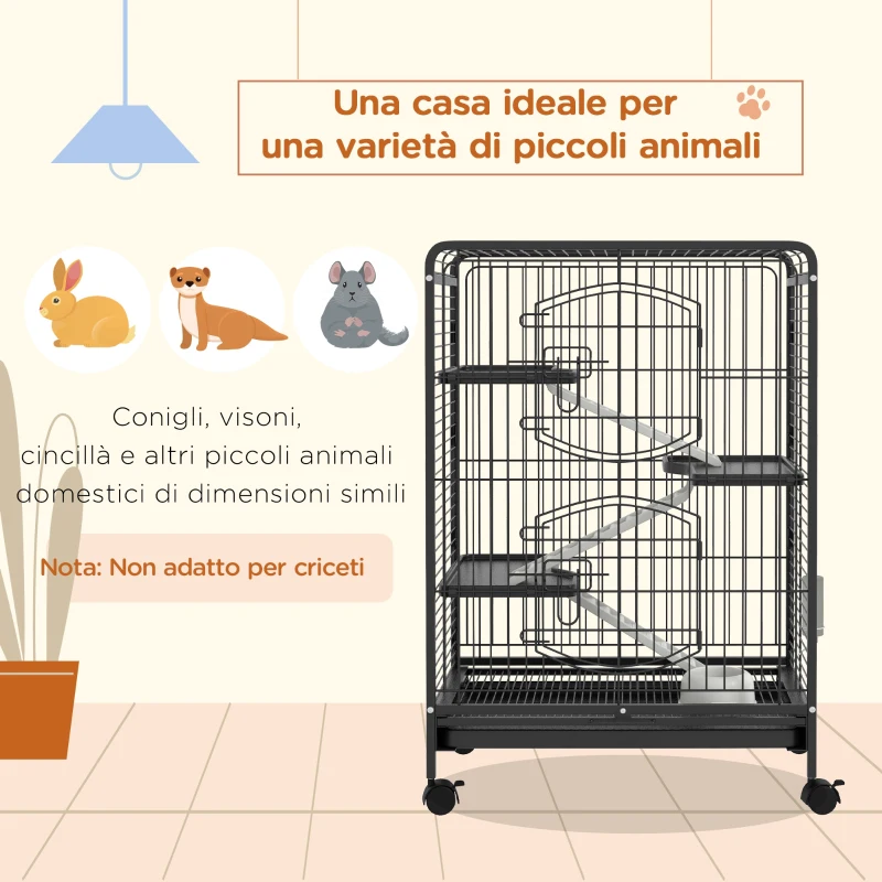 PawHut Gabbia per Piccoli Animali e Piccoli Roditori con Ruote, Gabbietta per Conigli e Cincillà con 3 Rampe e 3 Piattaforme, Ciotola e Bottiglia, 61.5x44x95 cm, Nero