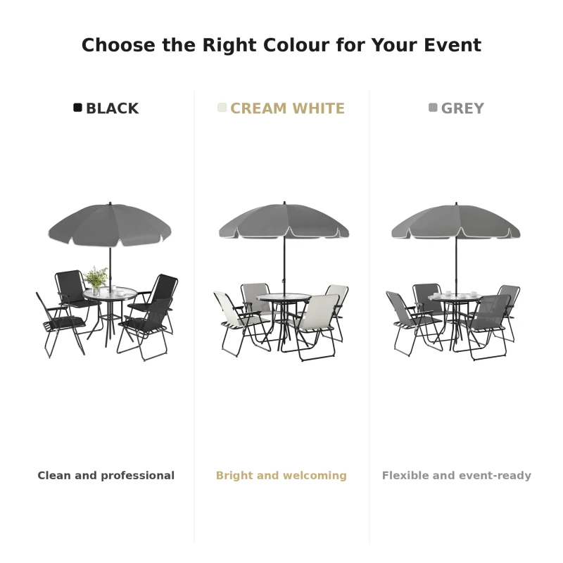 Outsunny 4 Seater Garden Furniture Set, 6 Pieces Garden Table and Chairs with Parasol, Outdoor Garden Dining Set with Folding Chairs and Round Glass Top Table for Patio, Cream White