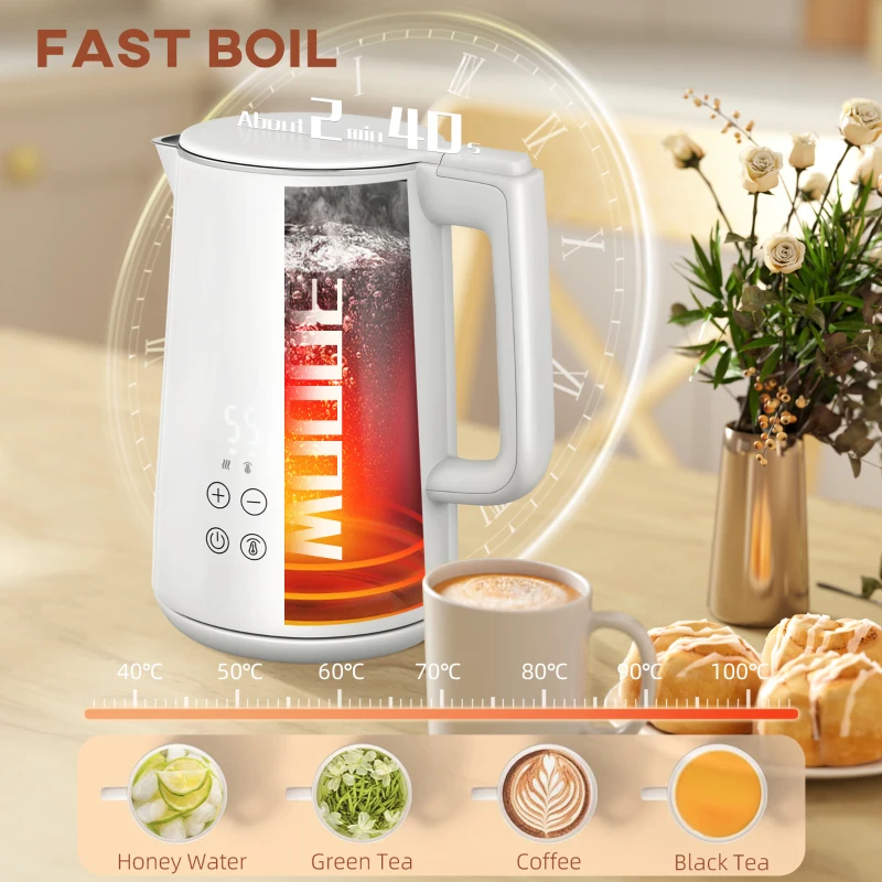HOMCOM zestaw czajnik i toster ze stali nierdzewnej, czajnik 1,5 l 2200W z automatycznym wyłączaniem, funkcja podtrzymywania ciepła 40-100°C, toster na 2 kromki z 7 poziomami opiekania, funkcja rozmrażania, podgrzewania i wyświetlacz LED, biały