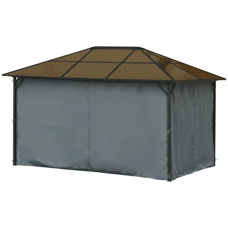 Outsunny Tonnelle pavillon de jardin avec toit rigide polycarbonate imperméable 4 parois latérales anti-UV moustiquaires 4 x 3 m gris foncé et noir