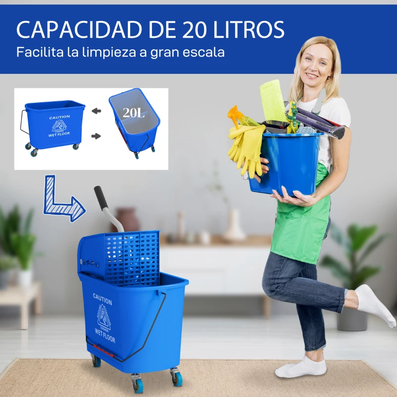 HOMCOM Cubo de Fregona con Ruedas 20 L Cubo de Fregar con Escurridor y Asa de Transporte para Doméstico y Comercial Azul
