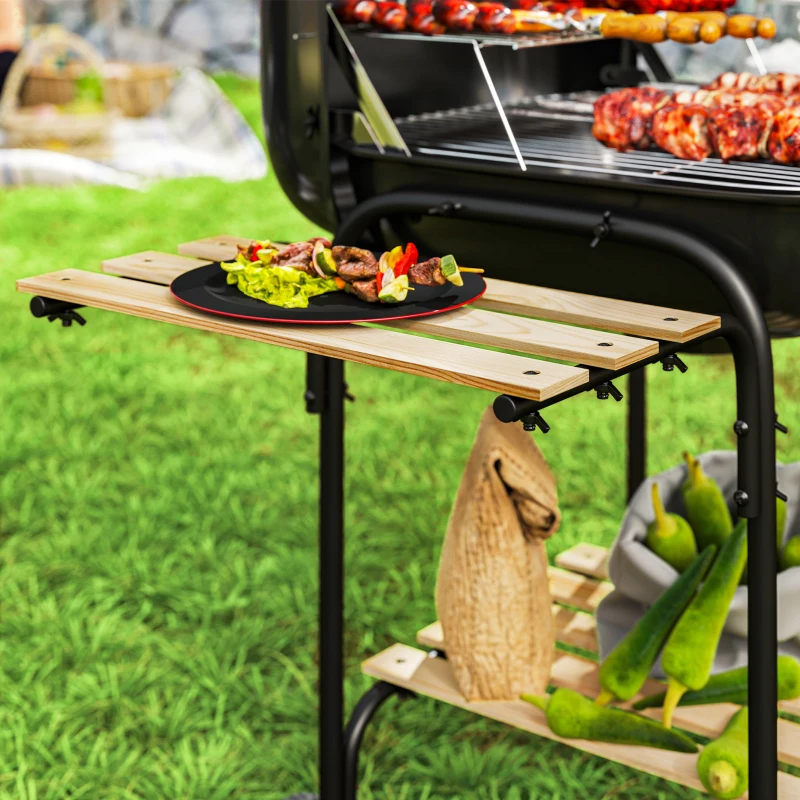 Outsunny Grill węglowy ze stali, przenośny, z zamykaną pokrywą, rusztem, kółkami i półkami, 98 x 54 x 91 cm, czarny