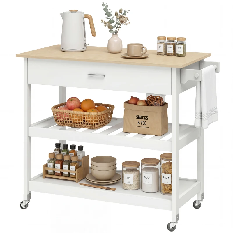 HOMCOM Carrinho de cozinha com armazenamento, ilha de cozinha móvel com ampla bancada, gaveta, 2 prateleiras abertas, suporte para toalhas, Branco