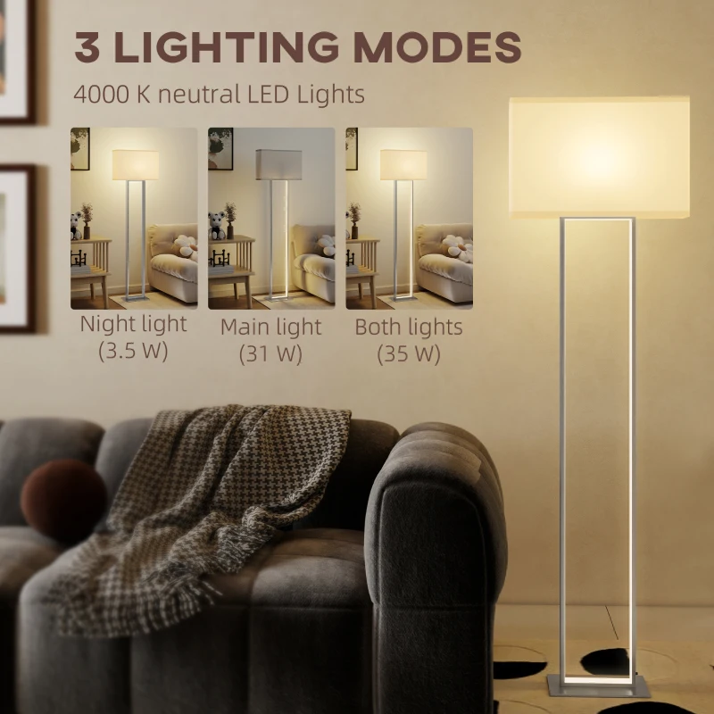 HOMCOM LED Floor Lamp, 150 cm Dimmable Standing Lamp with Linen Shade and Foot Switch, Modern Minimalist Tall Night Light with Metal Base for Living Room, Bedroom, Office, White
