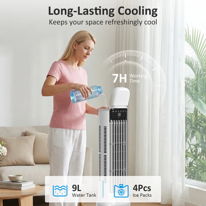 HOMCOM Przenośny klimatyzator, 3-w-1 klimatyzator parowy z 9-litrowym zbiornikiem na wodę, oscylacja 48°, 3 prędkości, 3 tryby, biały