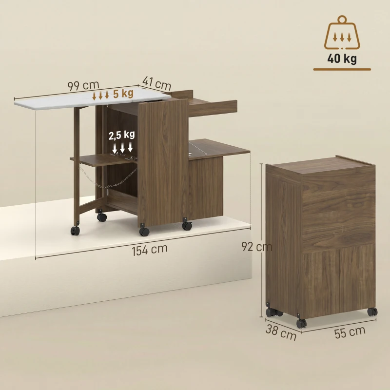 HOMCOM Armoire-table à repasser pliable avec porte-fer et rangement pour vêtements avec compartiment ouvert,154x55x87 cm, Marron