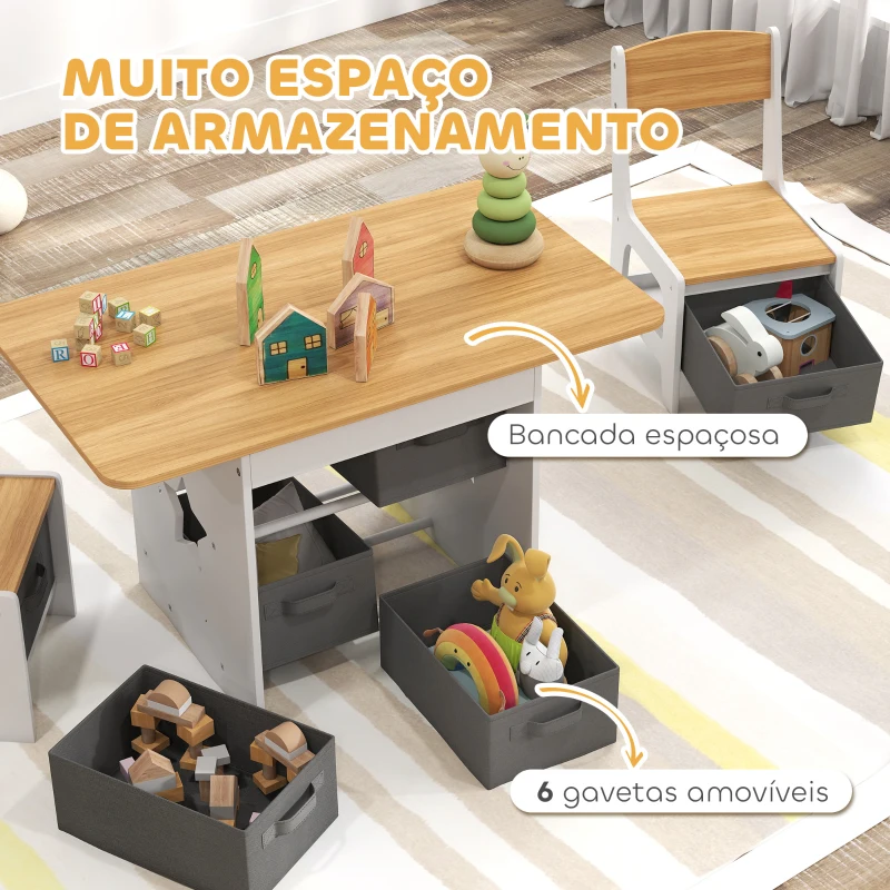 AIYAPLAY Mesa Infantil com 2 Cadeiras Mesa e Cadeiras para Crianças com 6 Gavetas de Tecido Desenho Estrelas Madeira e Branco