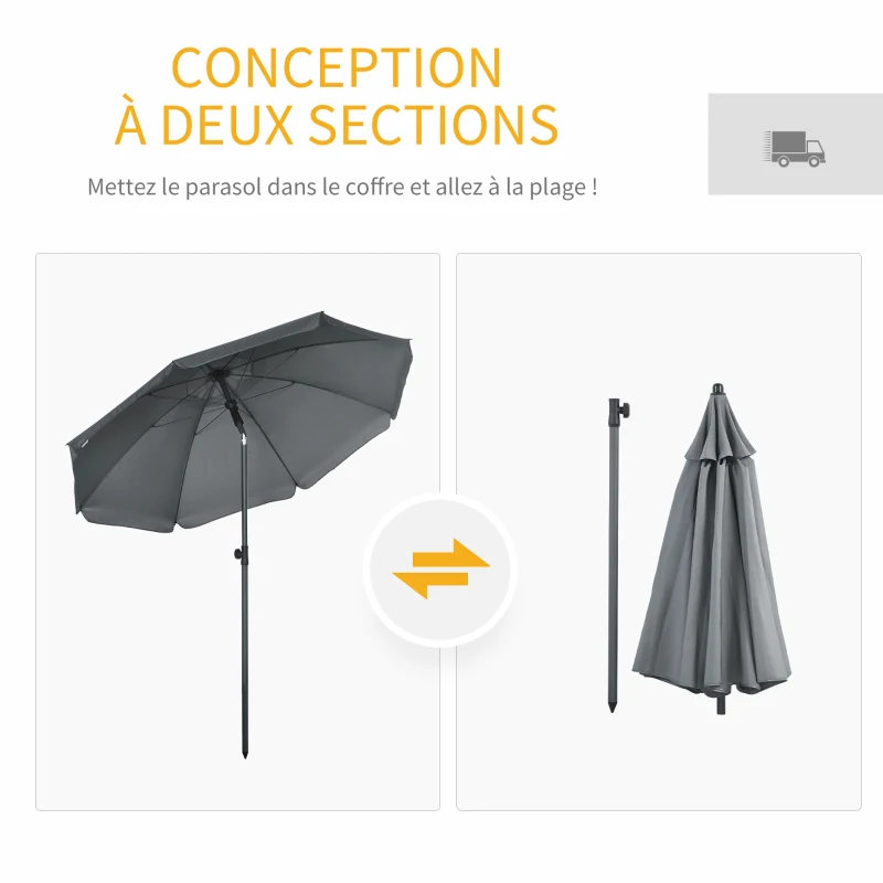 Outsunny Tiltable Beach Parasol UV 50 + Protection with 8 Fiberglass Ribs Ø 180 cm Dark Gray