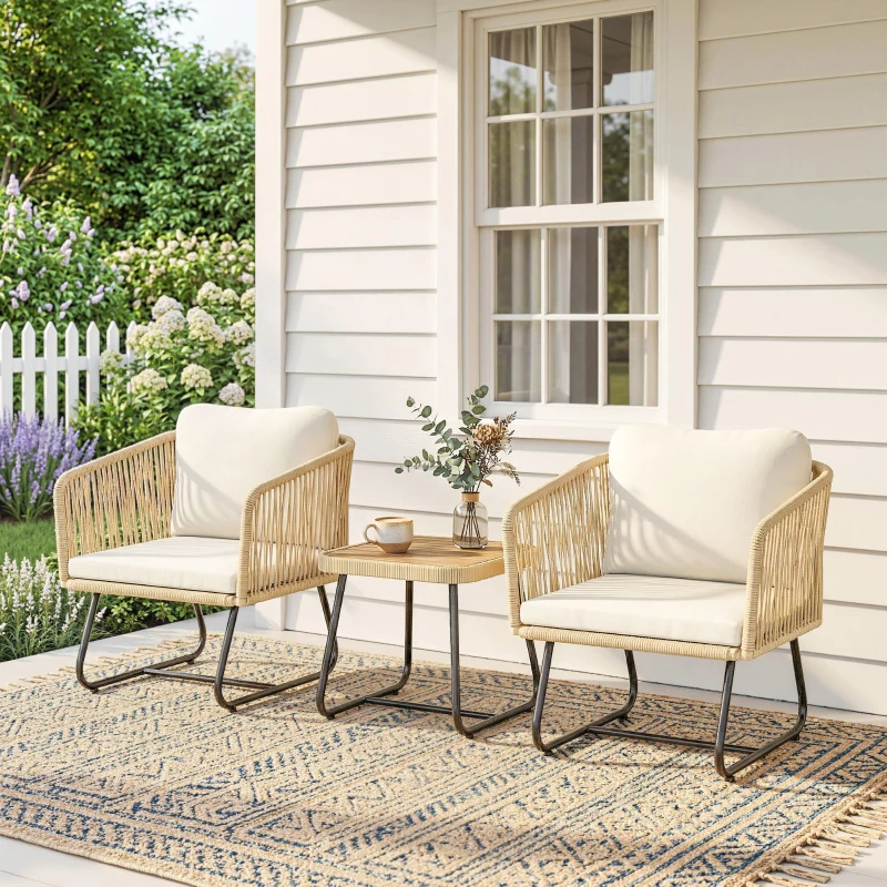 Outsunny Rattan Bistroset 3-delig FSC Tuinmeubelset met 2 Fauteuils, Latten Houten Tafel, Dikke Wasbare Kussens, Stalen Frame