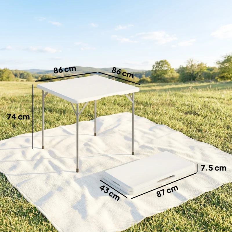 Outsunny Masă de Camping Pliabilă Pătrată, din Metal și HDPE, 86x86x74 cm, Alb