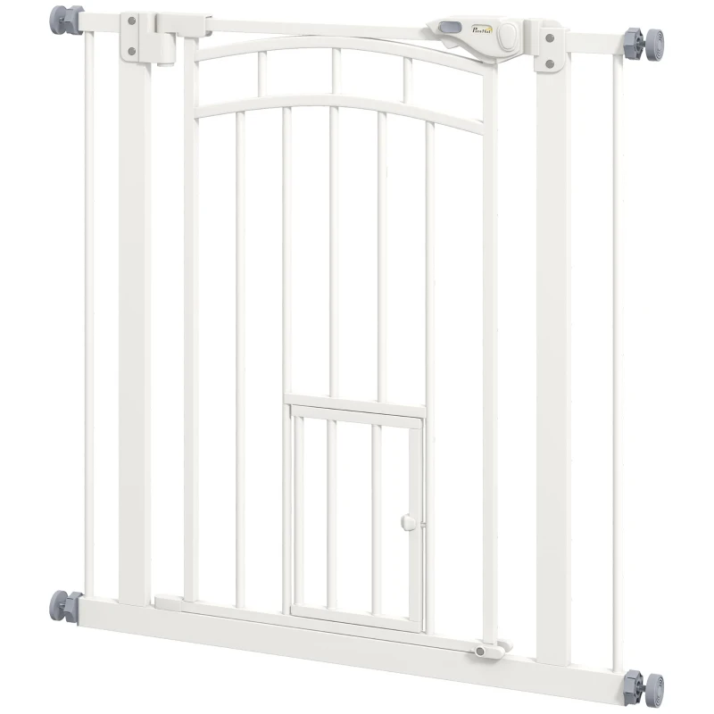 PawHut Barreira de Segurança para Cães 74-80 cm Porta de Segurança para Animais com Montagem a Pressão e Duplo Bloqueio Branco