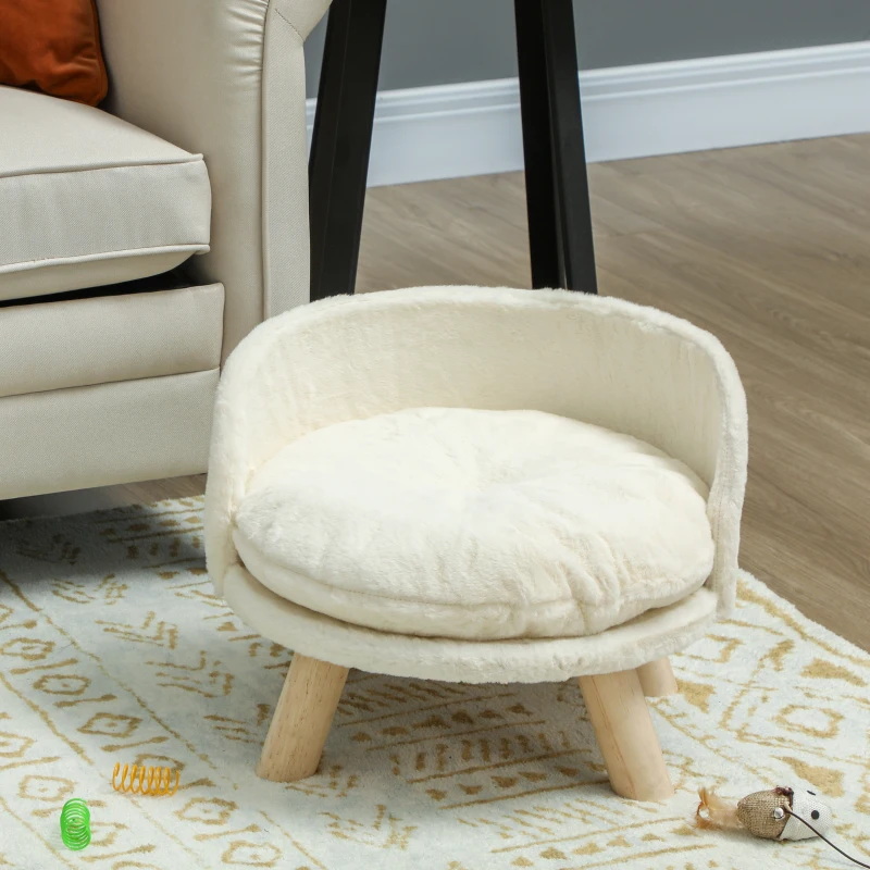 PawHut Sofa dla psa z poduszką, drewniane nogi, zmywalne podwyższone łóżko dla zwierząt, sofa dla kotów i miniaturowych psów, 40,5 x 40,5 x 33 cm, kremowa