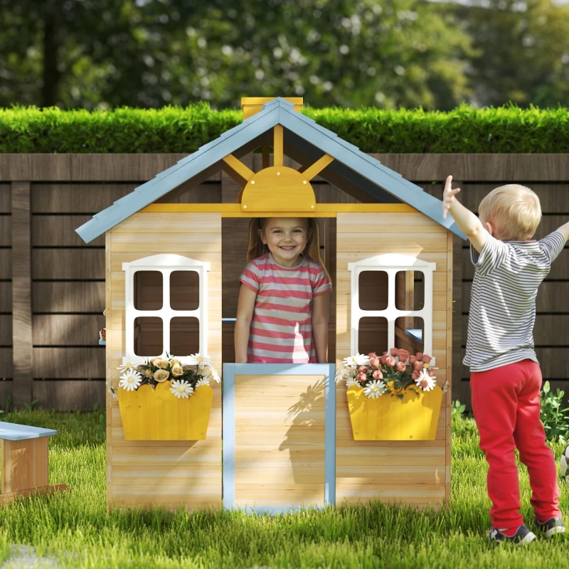 Outsunny Wooden Playhouse, Wendy House w/ Door, Bench, Flowerpot Holder, For Ages 3-7 Years, Blue