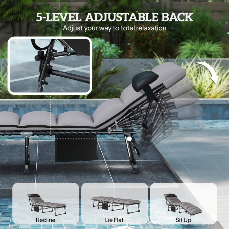 Outsunny Leżak Ogrodowy Składany przenośny z 5-stopniową regulacją oparcia, poduszką, zagłówkiem