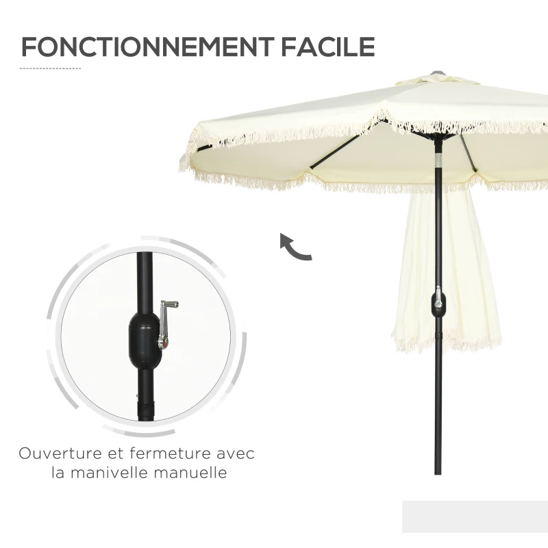 Outsunny Round Tilting Parasol Ø 268 cm with Fringes High-Density Polyester Fabric 180 g/m² Solar Protection Cream