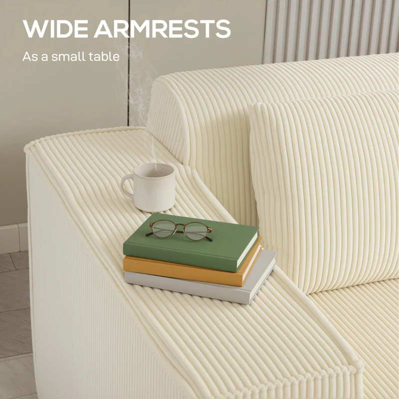 HOMCOM Sofa 3-osobowa, miękka struktura piankowa, szerokie podłokietniki, 2 poduszki, pokrycie sztruksowe, kolor beżowy