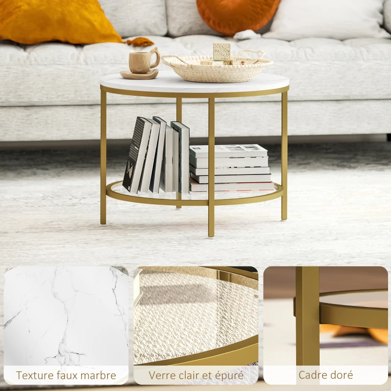 HOMCOM Modern Round 2-Tier Coffee Table with Faux Marble Top and Tempered Glass Shelf, Ø 60 x 45 cm, White and Gold