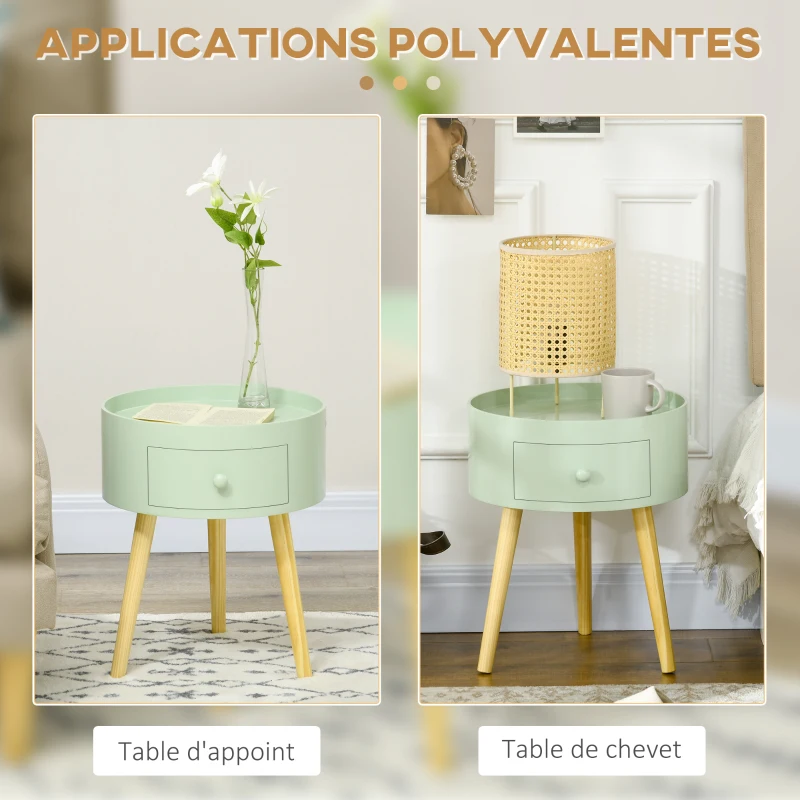 HOMCOM Coffee table bedside table round nightstand Scandinavian design end table with drawer tapered angled legs