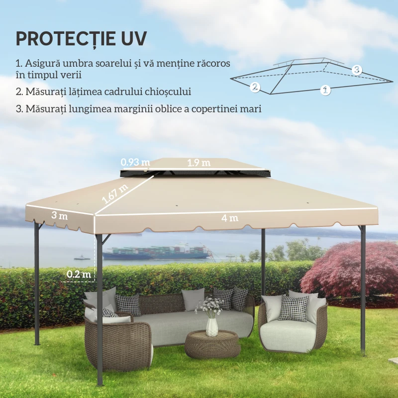Outsunny Acoperiș de Schimb pentru Pavilion 3x3 m cu 2 Nivele pentru Grădină, Copertină Pavilion 3x3 Rezistentă la Apă din Poliester 170g/㎡ cu 8 Orificii de Drenaj, Doar Acoperiș, Alb Crem