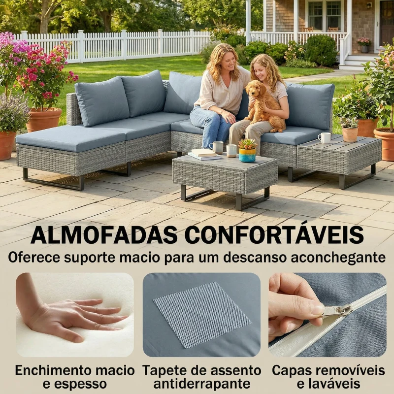 Outsunny Conjunto de Jardim em Vime PE de 3 Peças com Encosto Ajustável Sofá de 3 Lugares Sofá de 2 Lugares e Mesa Cinzento