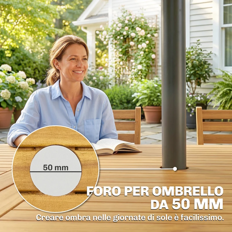 Outsunny Set Pranzo 7 Pezzi, Tavolo Estensibile Legno e 6 Sedie Pieghevoli per Giardino