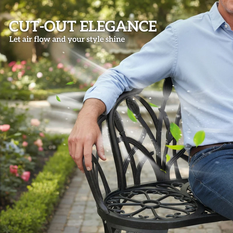 Outsunny Ławka ogrodowa 2-osobowa z odlewanego aluminium, odporna na warunki atmosferyczne, z oparciem w kształcie tulipanów i motywem kwiatowym, 99 x 57 x 78 cm