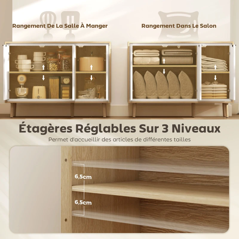 HOMCOM Buffet à haute brillance, meuble de rangement avec 3 portes, étagères réglables, 107 x 35 x 77 cm, blanc et chêne