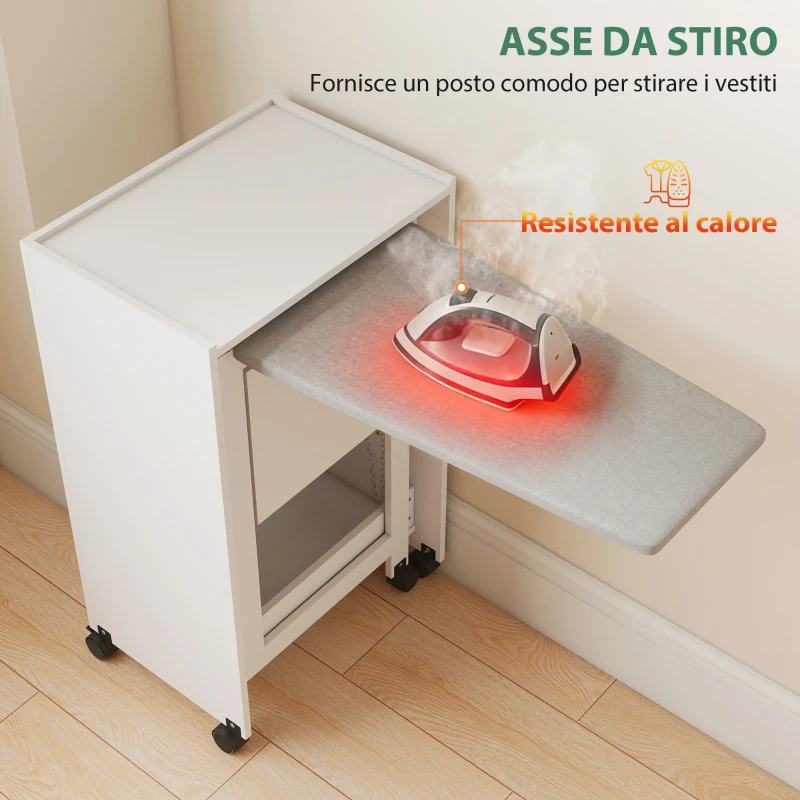 HOMCOM Armadio da Stiro Pieghevole con Ripostiglio, Salvaspazio, Bianco