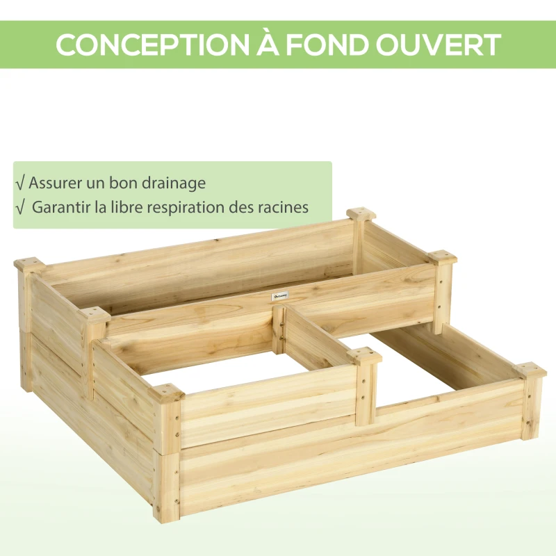 Outsunny Wooden Raised Garden Bed Outdoor Stepped Planter 3 Levels Open-Bottom Design 108 x 88 x 36 cm Natural Wood