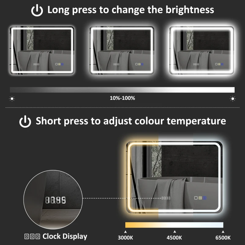 HOMCOM 700 x 900 mm Bluetooth Bathroom Mirror with LED Lights, Illuminated Backlit Wall Mounted Vanity Mirror with 3 Colours Dimmable, Clock, Anti-Fog, Memory & Touch Switch, IP44