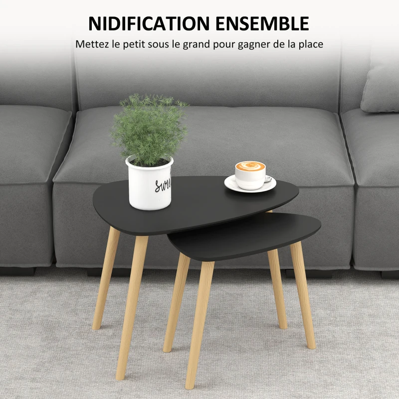 HOMCOM Set of 2 Scandinavian Nesting Coffee Tables with Wooden Legs and Wood Tops, Black