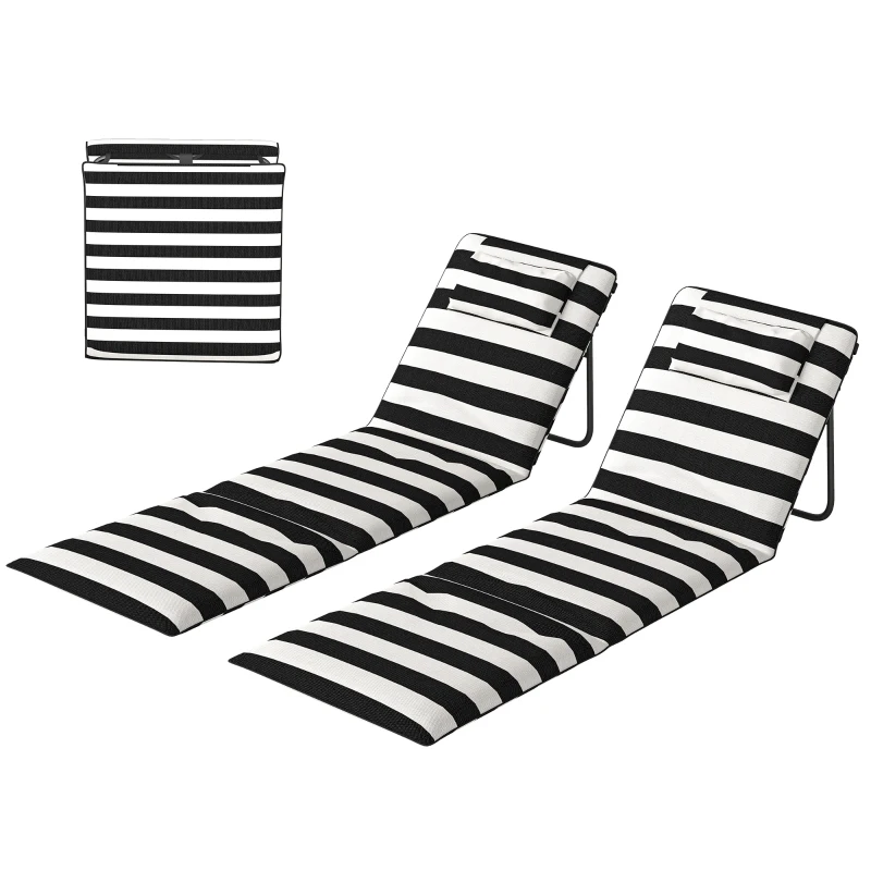 Outsunny Set 2 Șezlonguri de Plajă cu Tetieră Căptușită, din Metal și Țesătură Oxford, 150x50x2 cm, Gri și Alb