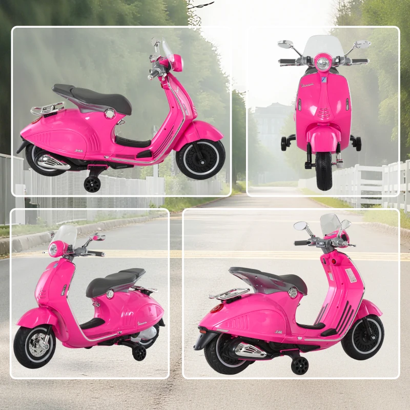 HOMCOM Motocicletă Electrică pentru Copii cu Licență Oficială Vespa, 2 Roți Auxiliare, Lumini și Sunete, 108x49x75 cm, Roz