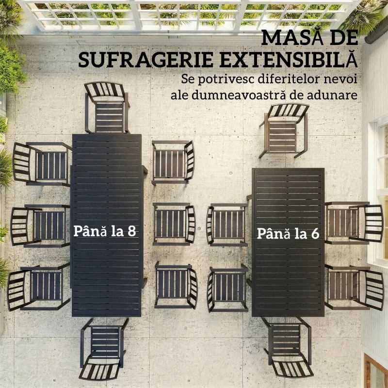 Outsunny Masă de Grădină Extensibilă pentru 6-8 Persoane, Aluminiu cu Blat cu Lamele, Negru