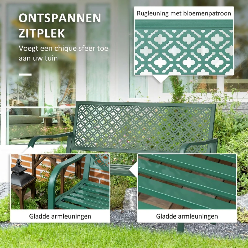 Outsunny stalen tuinbank, 2-zits parkbank met rugleuning en armleuning, bank met bloemmotief, voor tuin, balkon, max. 240 kg, donkergroen, 127 x 63 x 83 cm